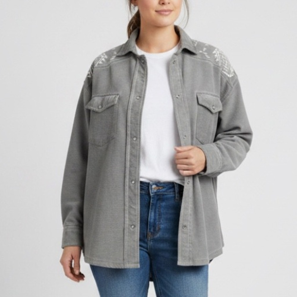 BKE BUCKLE Shacket Jacket Snap-Up Shirt Top GRAY RIBBED CORDUROY Embroidered S